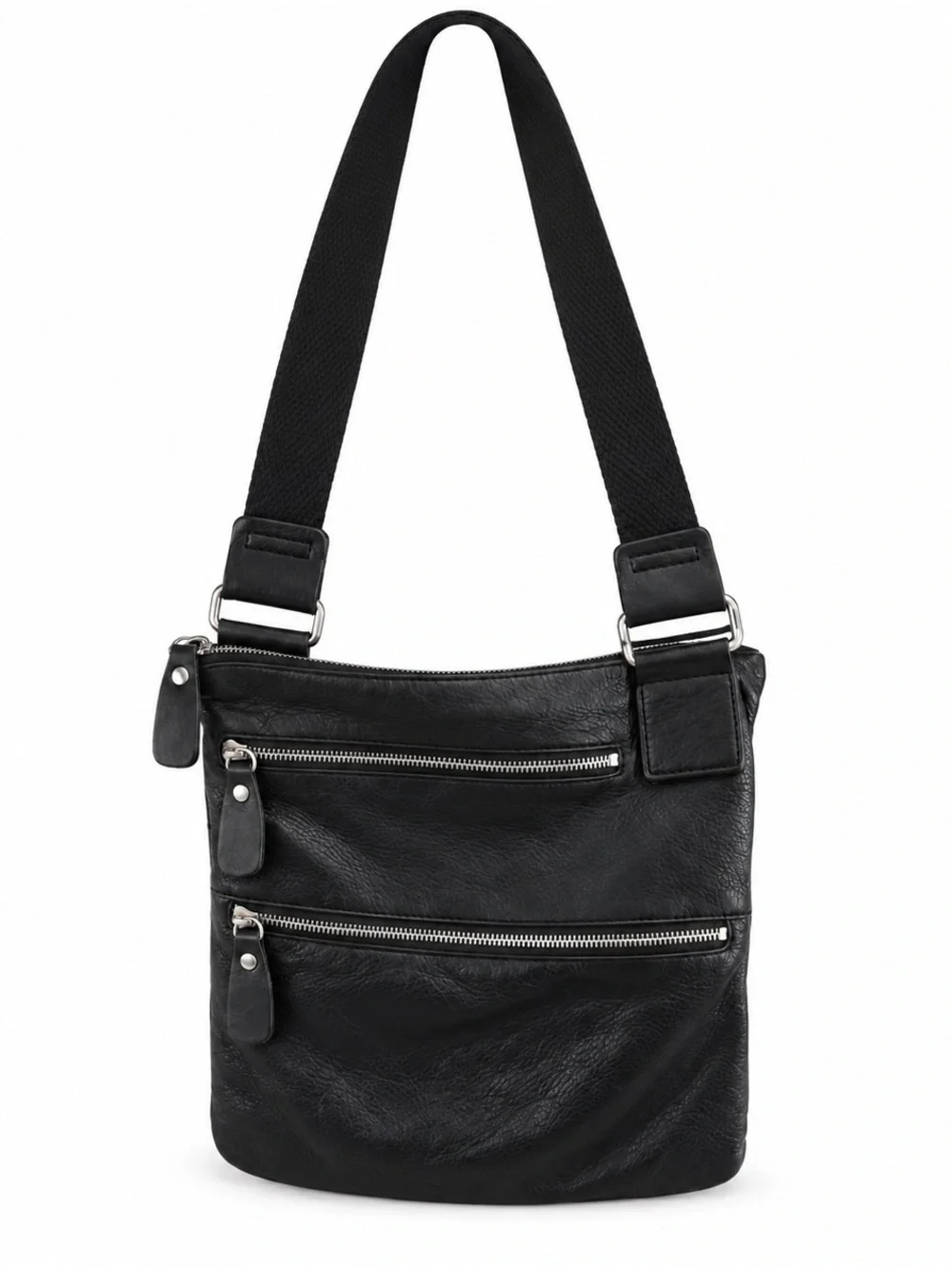 MARGOT Women's Black Leather Crossbody Bag with Dual Zip Pockets